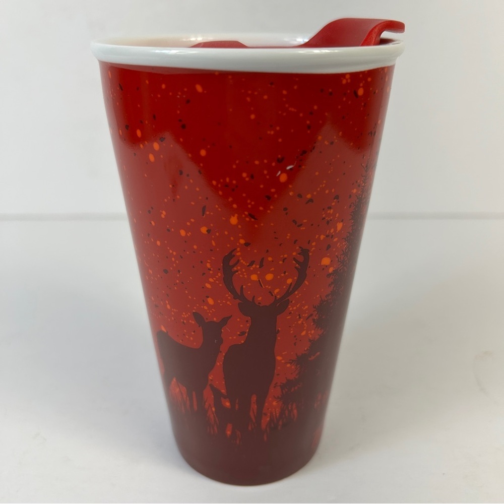 TIM HORTONS 12 OZ. CERAMIC RED With DEER-TREES HOLIDAY TRAVEL TUMBLER MUG 2017